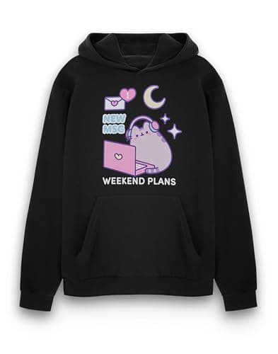 Image of Pusheen Womens Hoodie | Ladies Weekend Plans Graphic Hooded Sweatshirt in Black | Cat Kitten Laptop New Msg Love Hearts Apparel Sweater | Internet Cartoon Merchandise Gift