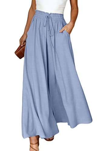 Image of ASKSA Women Wide Leg Trousers High Waisted Boho Palazzo Culottes Casual Flowy Pants with Drawstring Pockets（Light Blue,XL）