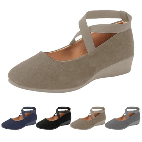 Image of UK 5.5 Womens Low Wedge Ballerina Ankle Elastic Crossing Strap Round Toe Comfy Pump Shoes Comfy Dolly Shoes for Ladies A0_Grey Clearance