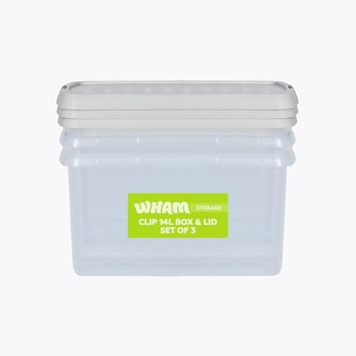 Image of Wham Clip 3 x 14L Rectangular Stackable Plastic Storage Boxes with Lids | Ideal for Home, Office, Toys & More | Storage Containers with Clip Locks | Made in UK - Clear/Stone