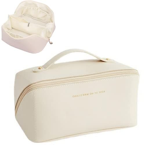 Image of Large Travel Cosmetic Bag Cosmetic Organizer High Capacity Makeup Bag Storage Pouch PU Leather Makeup Box for Women Girls (Beige)