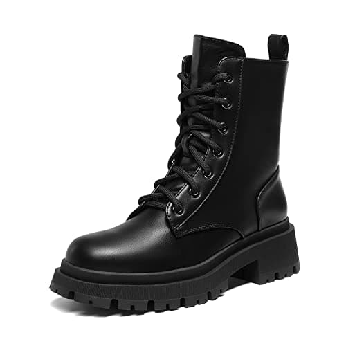 Image of DREAM PAIRS Women's Comfortable Chunky Mid Calf Boots, Stylish and Waterproof Slip Resistant Biker Combat Ankle Booties with Lace-Up Zipper Design,Size 6.5,Black/Pu,SDMB2203W-E