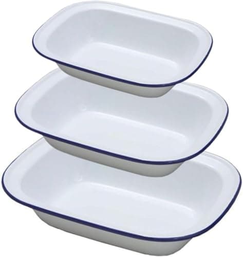 Image of VG® Premium White Enamelware with Blue Rim, Oblong Pie Dish Set of 3 Oven Safe Retro Bakeware 24cm | 26cm | 30cm Oven To Table Baking Pudding Steak |Shepherd's Pie Enamel Roasting Tray Family Set