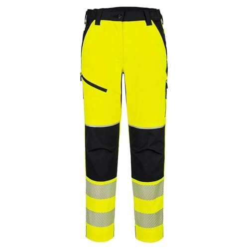 Image of Portwest T141 PW3 Hi Vis Womens Stretch Trouser Titanmill Pro Four Way Stretch Segmented Reflective Tape Reinforced Knees Adjustable Hem Elastic Waist EN ISO 20471 Certified, Yellow/Black, XS
