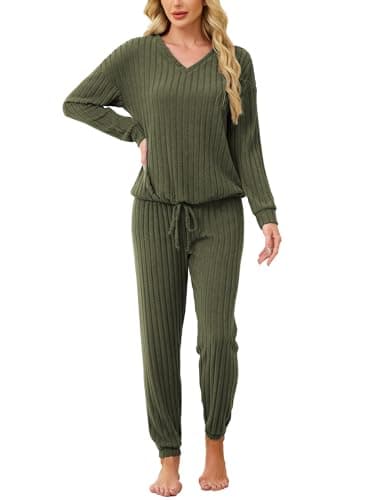 Image of Famulily Loungewear Sets for Women UK Solid Color Shirts with Drawstring Hem & Elastic Cuffs Jogger Pants Army Green M