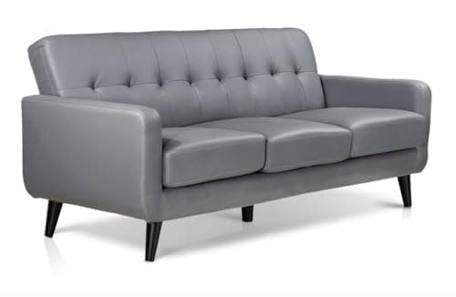 Image of WeDoSofas Stylish 3 Seater Sofa – Faux Leather – (Grey) – Wooden Legs – Compact Seater Couch for Living Room, Bedroom and Home Office Furniture