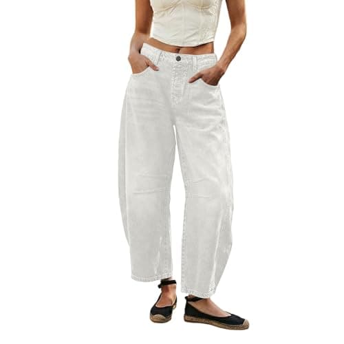Image of Barrel Jeans Womens Stretchy Mid Rise Barrel Jeans Vintage Loose Wide Leg Cropped Denim Pants Y2k Baggy Boyfriend Jeans