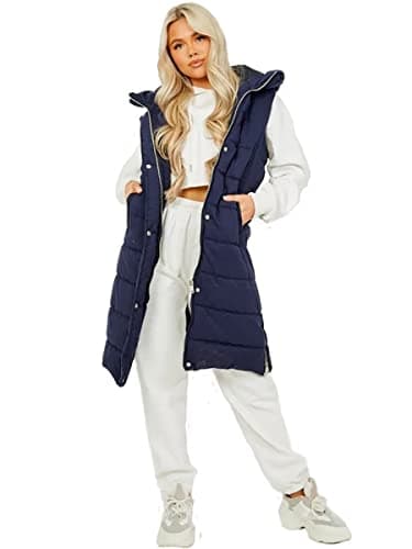 Image of H&F Women's Ladies Long Quilted Gilet Jacket Longline Sleeveless Thick Hooded Side Zip Down Lightweight Ladies Long Coat Bodywarmer Outdoor Gilet Padded Waistcoat Size S-3XL (Navy Blue, M)