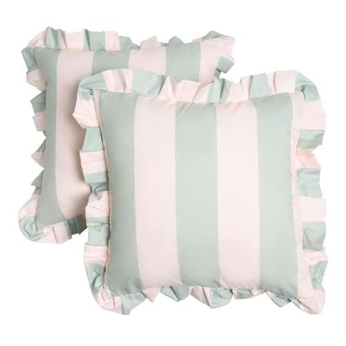 Image of OHS Outdoor Cushions Waterproof Decorative Stripe Cushion Covers 45 x 45 Set of 2 Super Soft Patio Garden Cushions Home Decor Throw Pillow Covers with Invisible Zipper, Sage/Cream