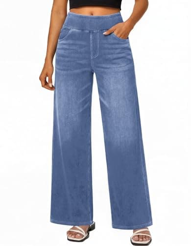 Image of Jhsnjnr Ladies Casual Palazzo Jeans Pull On Elastic Waist Baggy Denim Trousers Loose Fit Straight Leg Jean with Pockets