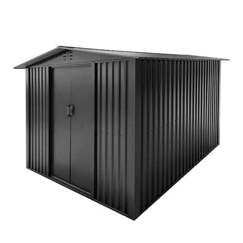 Image of Garden Shed, Sheds and Outdoor Storage with Base 4 Vents Lockable Sliding Doors Sloped Apex Roof Metal Shed (Grey, 8X10ft)