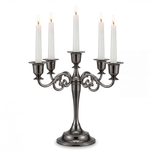 Image of Metal Candelabra Candle Stick Holder, 5-Arm Candle Stand 27cm Tall, Vintage Finish Taper Candle Holder for Wedding Table Centrepiece Home Decor Black