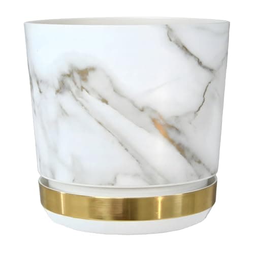 Image of KORAD Marble Effect Large Matt Plastic White Plant Pot + Saucer Tray for All Indoor House Plants - Flower Planter Available in 7 Sizes (Marble DUO, 21 cm - 8.2 inches)