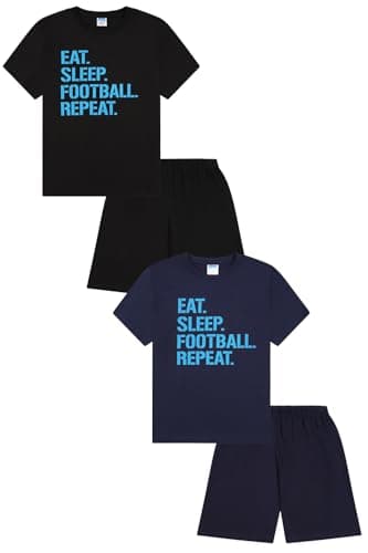 Image of ThePyjamaFactory Eat Sleep Football Repeat Short Black Navy 2 Pack Boys Pyjamas PJs For Kids (6-7 Years)