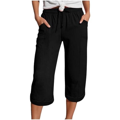 Image of Womens Cropped Trousers Elasticated High Waist Relax Fit Cotton Linen Ladies 3/4 Length Straight Wide Leg Trousers Casual Everyday Soft Lightweight Plain Beach Holiday Comfy Casual Lounge Pants Black
