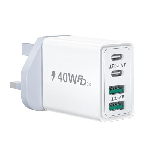 Image of USB C Plug, 40W 4-Port USB-C Fast Charger Plug USBC Charger Dual Port PD + QC Wall Charger Plug Adaptor, Multi USB Plugs UK Type C Charging Plug for iPhone 16 15 14 13 12 11 Pro Max, iPad, Samsung