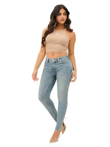 Image of True Religion Women's Halle Mid Rise Super Skinny Fit Jeans Denim Single Needle Stitching, Peak Spot, 27