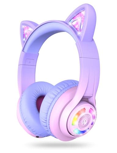 Image of iClever Kids Bluetooth Headphones, BTH13 Cat Ear LED Light Up Kids Headphones Wireless, 50H Playtime, 74/85dBA Volume Limiting Children Headphone with Microphone Over Ear for School/Tablet/PC