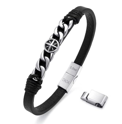 Image of Dada Gioielli - Men's Bracelet in Steel and Genuine Leather - Anchor/Wind Rose Bracelet that combines Style and Quality, Silver and Black (Anchor)