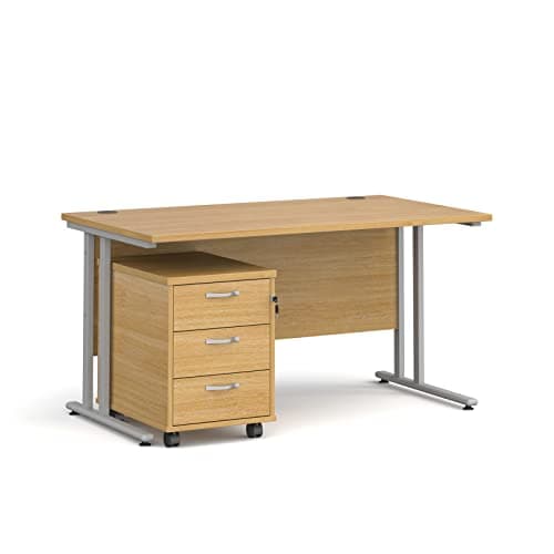 Image of Mr Office Maestro 25 straight desk - with silver cantilever frame and 3 drawer pedestal, Oak, 1400