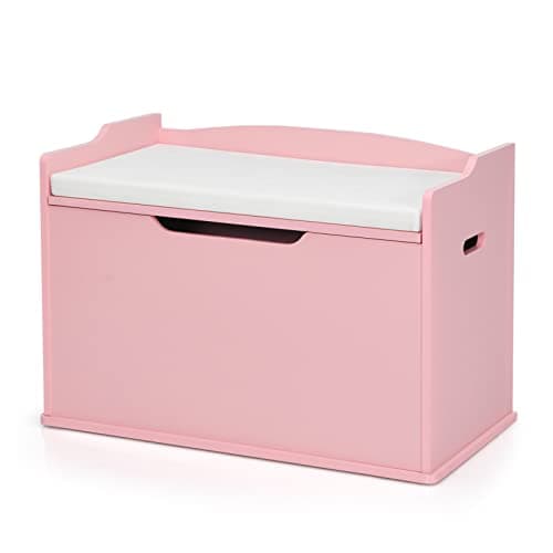 Image of GYMAX Wooden Toy Box, 2 in 1 Kids Storage Chest with Lid, Seating Cushion, Safety Hinges & Groove Handle, Children White Bench for Boys Girls (Pink)