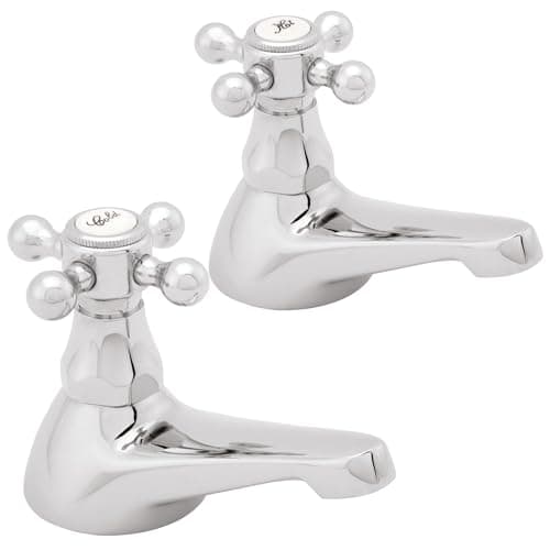 Image of Deva Tudor Basin Taps in Chrome Pair Traditional Victorian Style Cross Lever Turn Hot & Cold Handle Silver Bathroom Sink Toilet Wash Faucet TUD01 – 12 Year Warranty, Set of 2 Pieces