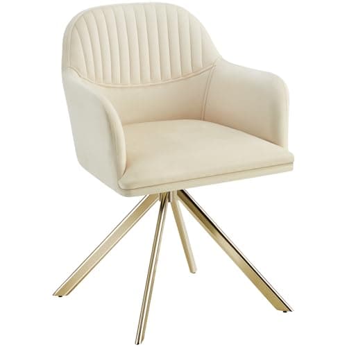 Image of tectake® Velvet Dining Chair with 360° Swivel Function, Thickly Padded Armchair with Stable Steel Legs, Non-Slip Caps & Quick Assembly - Ideal Kitchen, Living Room & Office Chair - Cream/Gold