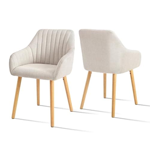 Image of Goeurvant Dining Chairs Set of 2, Modern Kitchen Chairs with Backrest & Wooden Legs, Upholstered Armchairs for Living Room, Dining Room, Study, Polyester Fabric, Beige