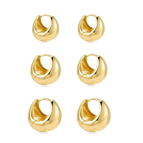 Image of 3pairs Gold Hoop Earrings for Women, Chunky Gold Huggie Earrings, For Wearing at Weddings, Family Gatherings, Birthdays