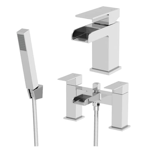 Image of Architeckt® Dakota Bathroom Waterfall Bath Shower Mixer Tap and Basin Tap Set Deck Mounted Square Twin Lever Handle Modern, Chrome
