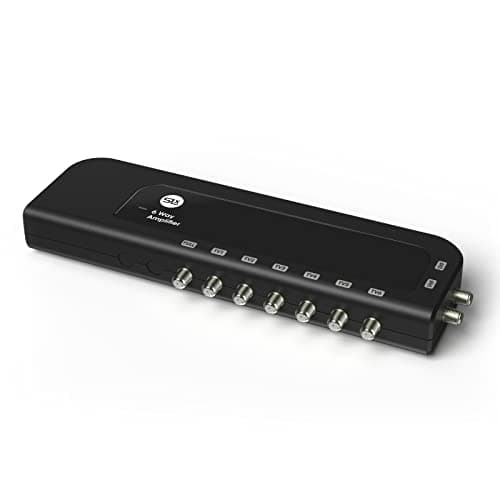 Image of SLx TV Signal Booster Aerial Amplifier, 4 Way Signal Distribution Amplifier with F-Type Connections, 4G & 5G Filtering, Indoor TV Aerial, HD TV/FM/DAB, Auto Line Powering, Improved Energy Efficiency