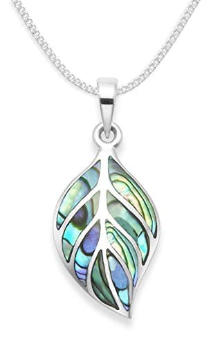 Image of Heather Needham Silver: Sterling Silver inlaid Paua shell necklace on 16" silver chain- Pendant Size: 21 x 12mm. Gift boxed silver leaf necklace. 8330PS