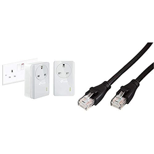 Image of TP-Link TL-PA4010PKIT Passthrough Powerline Adapter Starter Kit, No Configuration Required, UK Plug, Pack of 2 & Amazon Basics RJ45 CAT6 Ethernet LAN Patch Cable (3 m / 10 Feet) [1,000 Mbps (1 Gbps)]