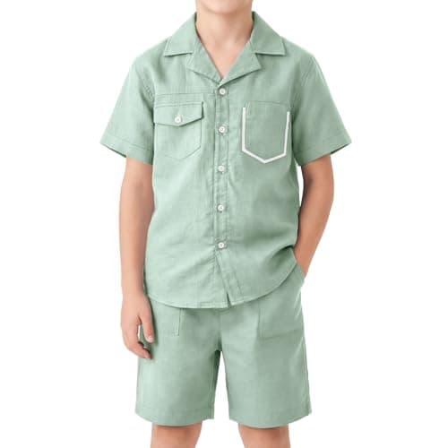 Image of LOLANTA Boys Cotton Linen Shorts Set, Kids Summer Outfit Short Sleeve Button Down Shirt and Shorts, Breathable Casual 2-Piece Clothing Set for Boys(Green, 11-12 Years, 160)