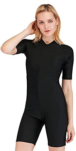 Image of YEESAM One Piece Swimsuit for Women Girls Short Sleeved Zip Front Rash Guard Surfing Swimsuits Beachwear Modest Swimming Costumes Legsuit Swimwear (Black, Int'l - M, m)