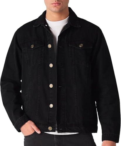 Image of Mens Denim Jacket, Vintage Premium Winter Warm Regular Fit Western Classic Style Jackets Vintage Trucker Coat Workwear Stonewash Jean Premium Outfit UK S To XXL, Black-L