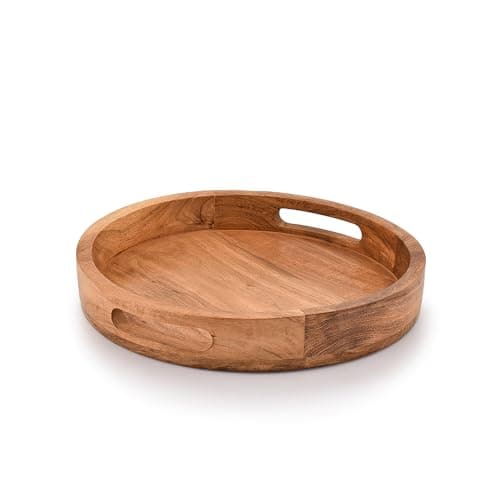 Image of Samhita Round Serving Acacia Wooden Tray with Handles for Serving Beverages Tea Plate Dessert Dinner Breakfast Plate (30.48cm x 30.48cm x 4.06cm)