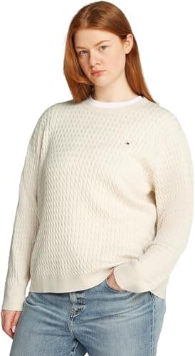 Image of Tommy Hilfiger Women’s Cable Knit Round Neck Jumper, Beige (Heather Ivory Petal), 20
