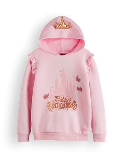 Image of Disney Princess Girls Hoodie | Kids Pink Graphic Hooded Sweatshirt with 3D Crown | Ruffled Arm Hem The Good Fairies Apparel Sweater | Magic Gold Glitter Film Movie Cartoon Character Merchandise Gift