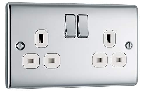 Image of BG Electrical Double Switched Power Plug Wall Socket, Nexus Metal, Polished Chrome, White Inserts,13A, NPC22W