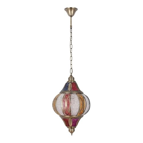 Image of TEKLED Moroccan Mosaic Pendant Light, Ornate Multi-Coloured Stained Glass Globe Hanging Lamp, Antique Brass Arabic Style Ceiling Fixture for Boho Home Decor & Ambient Lighting, E27 Compatible