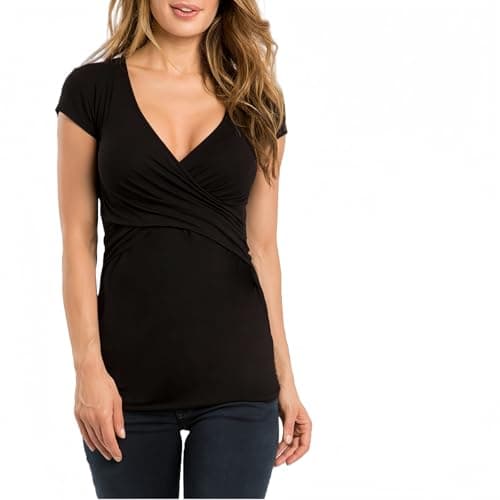 Image of TouKingda Women Short Sleeve Maternity Tops Nursing T-Shirt Lift-up Breastfeeding Shirts V Neck Nursing Top Solid Pregnancy Clothes, Black/M