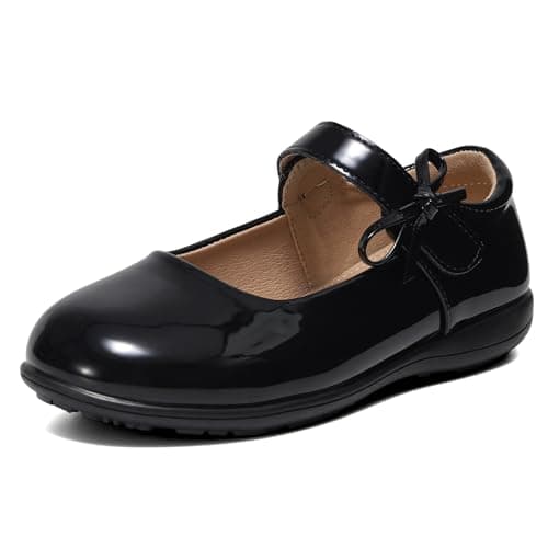 Image of MK MATT KEELY Girls School Shoes Kids Black Faux Leather Shoes with Little Girls Mary Jane Uniform Flats,Patent Black with Bow,Size 1 UK