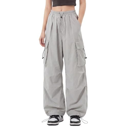Image of Supcomsta Cargo Trousers Women High Waist Drawstring Stretchy Combat Trousers Quick Dry Hiking Ladies Cargo Pants Baggy Wide Leg Y2K with Multi Pockets (UK, Alpha, L, Regular, Regular, Grey)