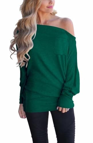 Image of LACOZY Off Shoulder Long Sleeve Shirts for Women Knitted Jumper Batwing Sleeve T Shirt Pullover Tunic Green L