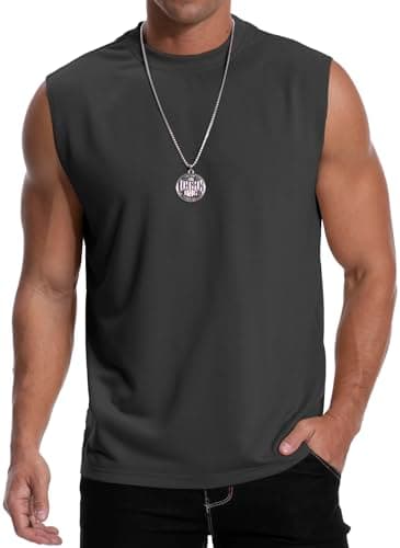 Image of MLANM Men's Vests Tops Sleeveless Round Neck Rolled Up Casual Loose Tank Tops, Lightweight Muscle Gym Summer Men's Sleeveless T-Shirt, 100% Polyester, Dark Grey S