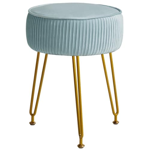 Image of IBUYKE Velvet Round Footrest, Makeup Vanity Stool Side Table, Velvet Dressing Table Seat, Pouf Couch Stool, Golden Steel Legs, Light Blue L/G-30H