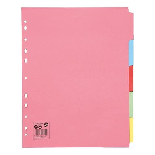 Image of 5 Star Office Subject Dividers 5-Part Recycled Card Multipunched Extra Wide 155gsm A4 Assorted [Pack 10]+ Finchley Pen Free