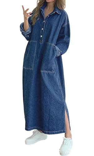 Image of Jofemuho Womens Spring Fall Long Sleeve Denim Maxi Shirt Dress with Split, Z-dark Blue, XXL