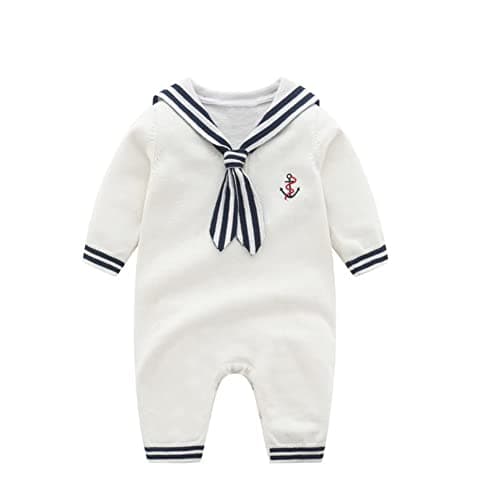 Image of Mud Kingdom Boys Girls Sweater Rompers for Baby Boy Knitted Ribbed Bodysuits Nautical Jumpsuit Unisex White 6-9 Months
